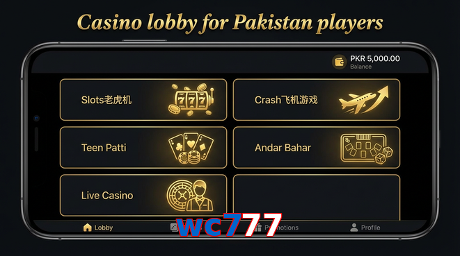 Lobby view of Wc777 for Pakistan users